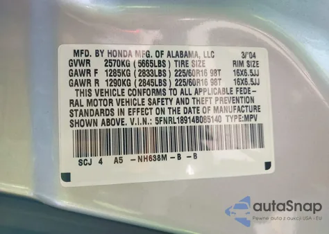 2004 Honda Odyssey Ex-L z USA, uszkodzony, nr VIN 5FNRL18914B085140